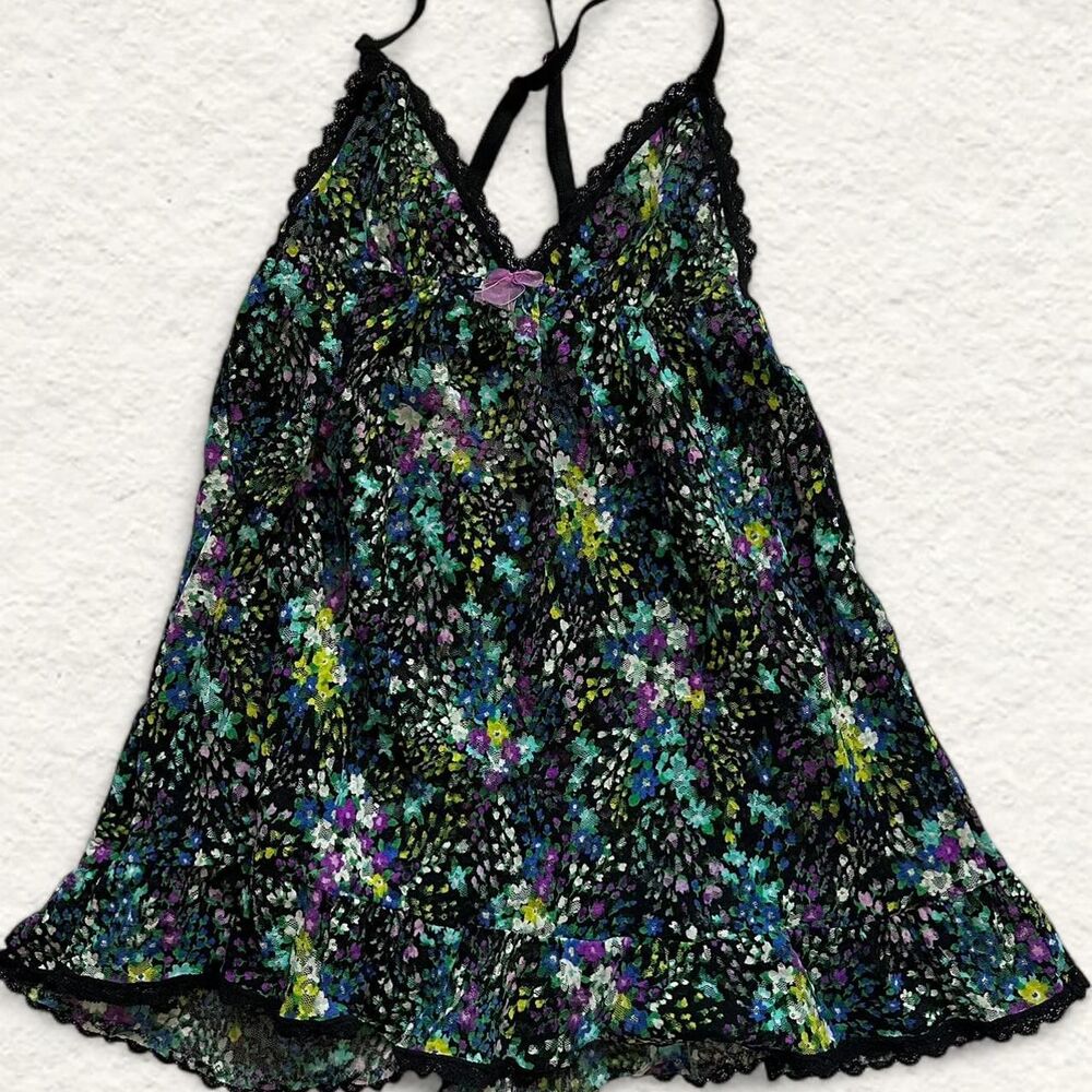 Vintage Victoria’s Secret Babydoll Chemise Black Floral Lace
